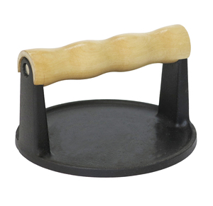 Runde Gusseisen-Grillpresse mit Ergonomischem Holzgriff, Voreingebrannt, Glatte Presse für Grillplatte, Steak, Speck, BBQ-Kochen - Product Image 5