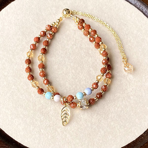 Pulsera envolvente de doble círculo con diamantes de imitación de cristal dorado facetado de estilo nacional, joyería con cuentas Rojas brillantes, modelo Saturno 3655 - Product Image 1