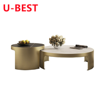 U-BEST Meubles de salon haut de gamme, ensemble de table basse de luxe en or, plateau en marbre italien, table à thé, table d'appoint, base en métal