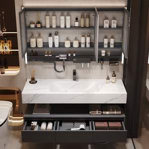 Scratch resistant and wear-resistant high-end double-layer rock slab integrated basin anti pollution bathroom cabinet - Product Image 6