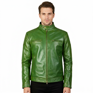 Blouson Bomber Moto Unisexe Vert en Cuir Véritable Classique Coupe Slim Hiver Streetwear Décontracté Imperméable Coupe-Vent Enduit ODM - Product Image 1