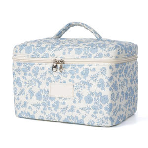 Grande pochette cosmétique de voyage matelassée à poignée portable Trousse de maquillage en coton pour femme - Product Image 1