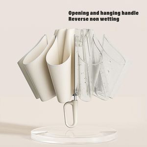 Parapluies inversés automatiques pliables en trois sections avec bordure réfléchissante, promotionnels et économiques, pour sac à dos, vente en gros - Product Image 2