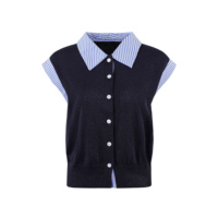 Top de punto personalizado para mujer con manga casquillo, cuello polo a rayas y botones decorativos, con Lurex, bajo MOQ