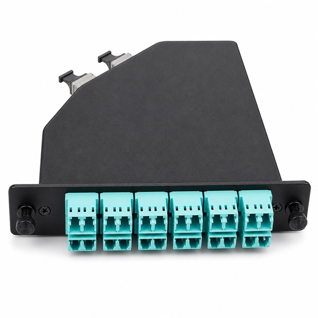 24F MTP/MPO Cassette Module, 12x LC Duplex to 2x MTP-12 OM3 Aqua, 1U Rack Mount for 40G/100G Data Center