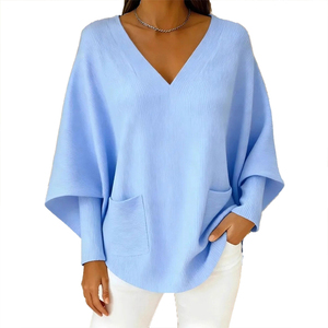 เสื้อสเวตเตอร์ไหมพรมผู้หญิง แขนทรงปีกค้างคาว คอวี สีพื้น สไตล์ลำลอง มีกระเป๋า  แบบใหม่สำหรับฤดูใบไม้ร่วงและฤดูหนาว - Product Image 6