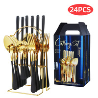 Ensemble de couverts en acier inoxydable doré poli miroir, 24 pièces, service pour 6 personnes, avec couteaux à steak