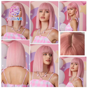 Pelucas Rosadas, Peluca Lisa Rosa Claro con <span class=keywords><strong>Flequillo</strong></span> para Mujer, Resistente al Calor, Sintética, con Línea de Cabello Natural, Pelucas Cortas sin Pegamento para Fiesta - Product Image 4