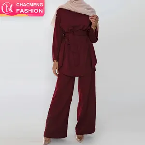 2272 # haute qualité couleur pure deux pièces ensemble chemisier simple et ample jambe large pantalon bureau mode ensembles musulman modeste Abaya ensembles