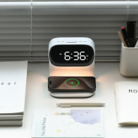Lampe de chevet moderne avec chargeur sans fil 15W, horloge numérique, réveil LED, alimentation USB, contrôle tactile blanc, écologique