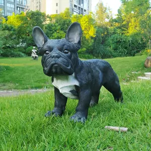 Dekorasi Taman Bulldog Perancis, Desain Kustom Patung Anjing Realistis, Resin Grosir Patung Hitam Dekorasi Rumah Polyresin