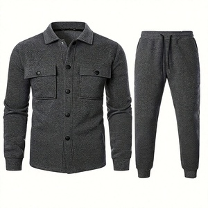 Men's Customized Casual Sportswear Track Suit Jacket Pants Set Hooded Solid Color Winter Wear Windproof French Terry <b>Wool</b> Front - Product Image 2