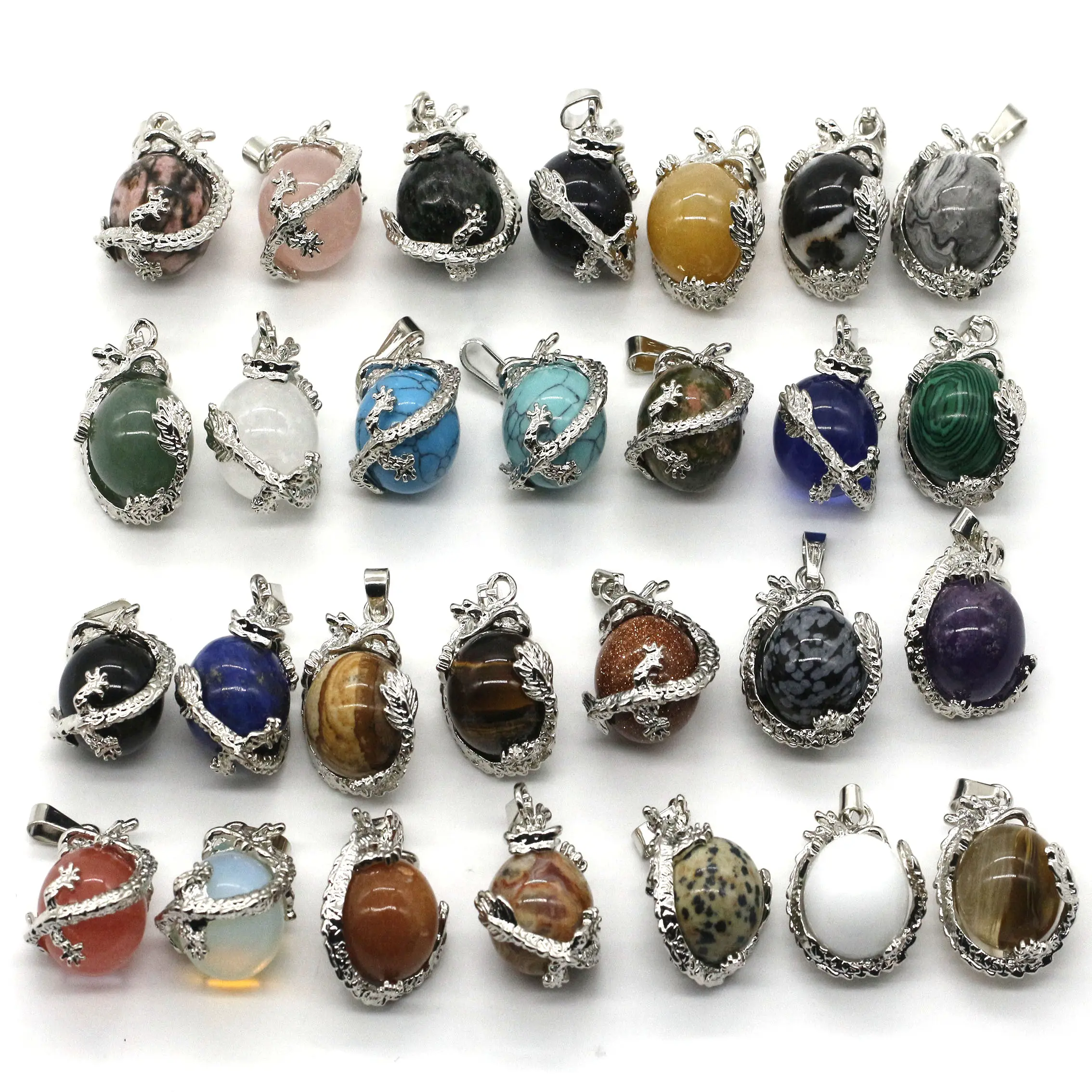 Đá tự nhiên Mặt dây chuyền Trung Quốc rồng bọc nửa bóng tự nhiên Tiger Eye Rose Quartz Malachite lapis lazuli mặt dây chuyền