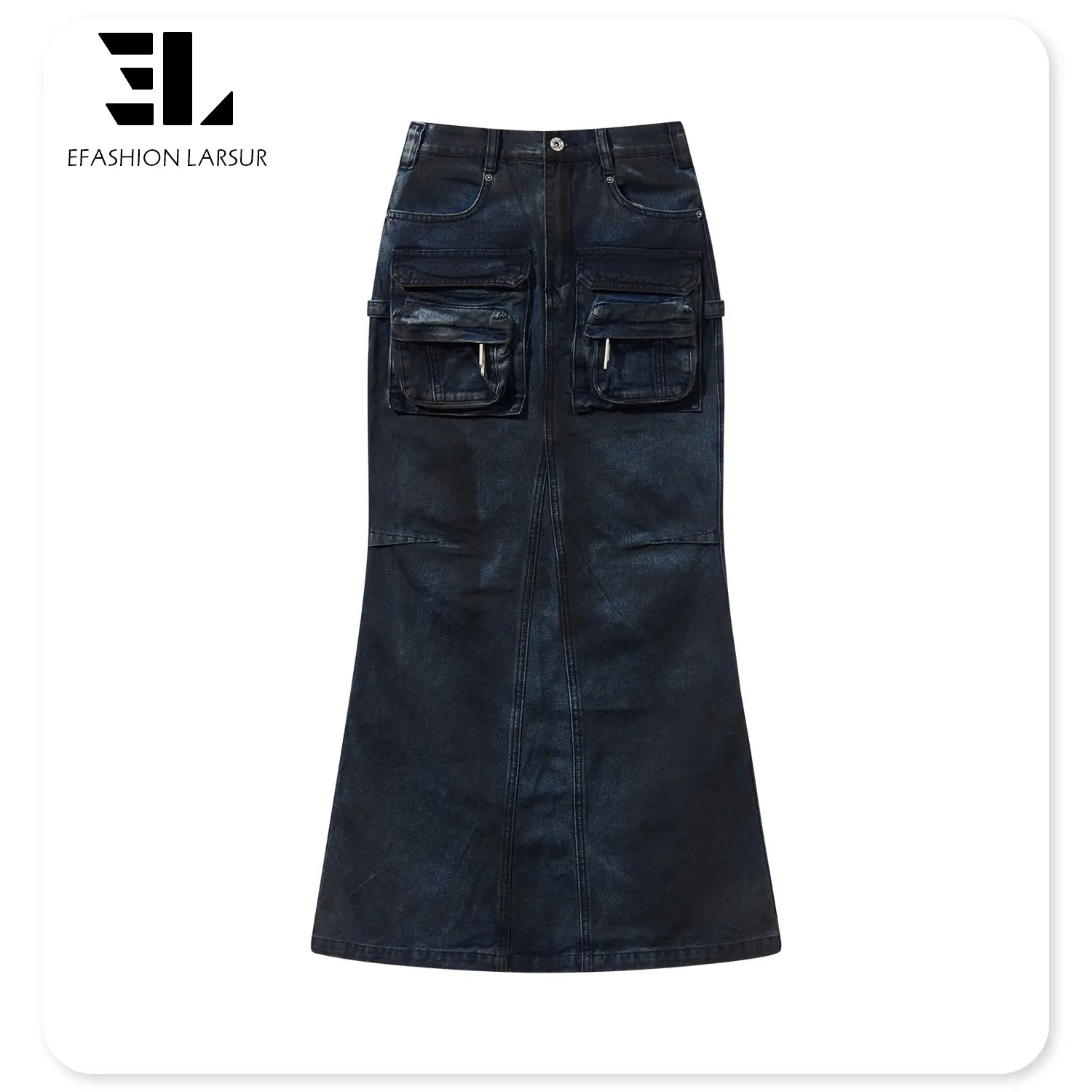 LARSUR Custom denim factory women y2k long mud wash waxed coated denim cargo skirt baggy midi slit maxi jeans skirt for ladies