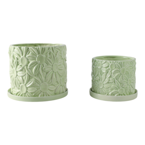 Vaso Decorativo a Forma di Margherita in Ceramica Verde per Piante da Interno ed Esterno con Sottovaso, Set di Due - Product Image 3