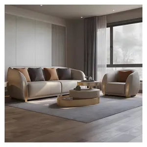 新款奢华真皮客厅沙发拉丝金属金色沙发腿家具意大利设计客厅现代沙发