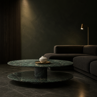 Table basse ovale de luxe en marbre vert œil de chat naturel à 2 niveaux avec bord cannelé et base cylindrique côtelée