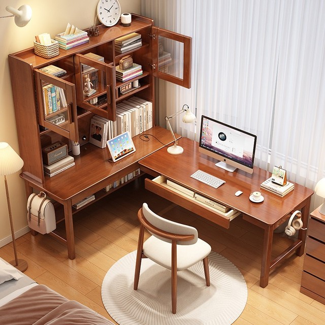Sturdy Solid Wood Computer Desk with Integrated Bookshelf Storage for Home Office and Student Workspace