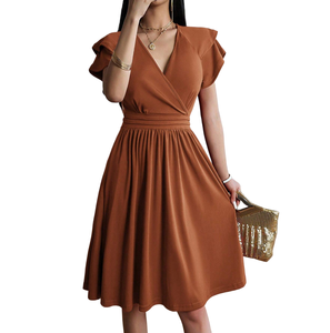 Vestido Midi Elegante y Versátil para Mujer, Color Caramelo, con Mangas con Volantes, Cuello <span class=keywords><strong>en</strong></span> V, Cintura Cruzada, Plisado, Corte <span class=keywords><strong>en</strong></span> A - Product Image 1