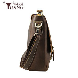 Tiding Genuine <b>Leather</b> Men's <b>Briefcase</b> Large Business Shoulder Bag Crazy Horse <b>Leather</b> Solid Color Brown - Product Image 2