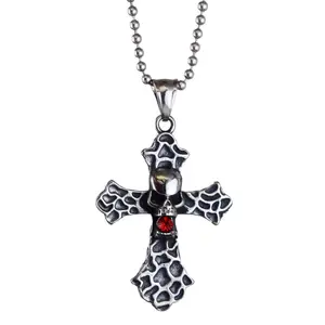 Mens Steel Grooved Concave Skull Cross Pendant Necklace with Red Cubic Zirconia