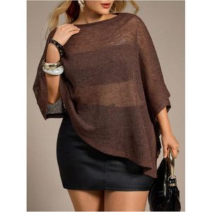 FOXA Women's Plus Size Sheer <b>Poncho</b> 3/4 Sleeve Lightweight Knitted Cover Up Cape Top Sweater Plain Dyed Acrylic - Product Image 3