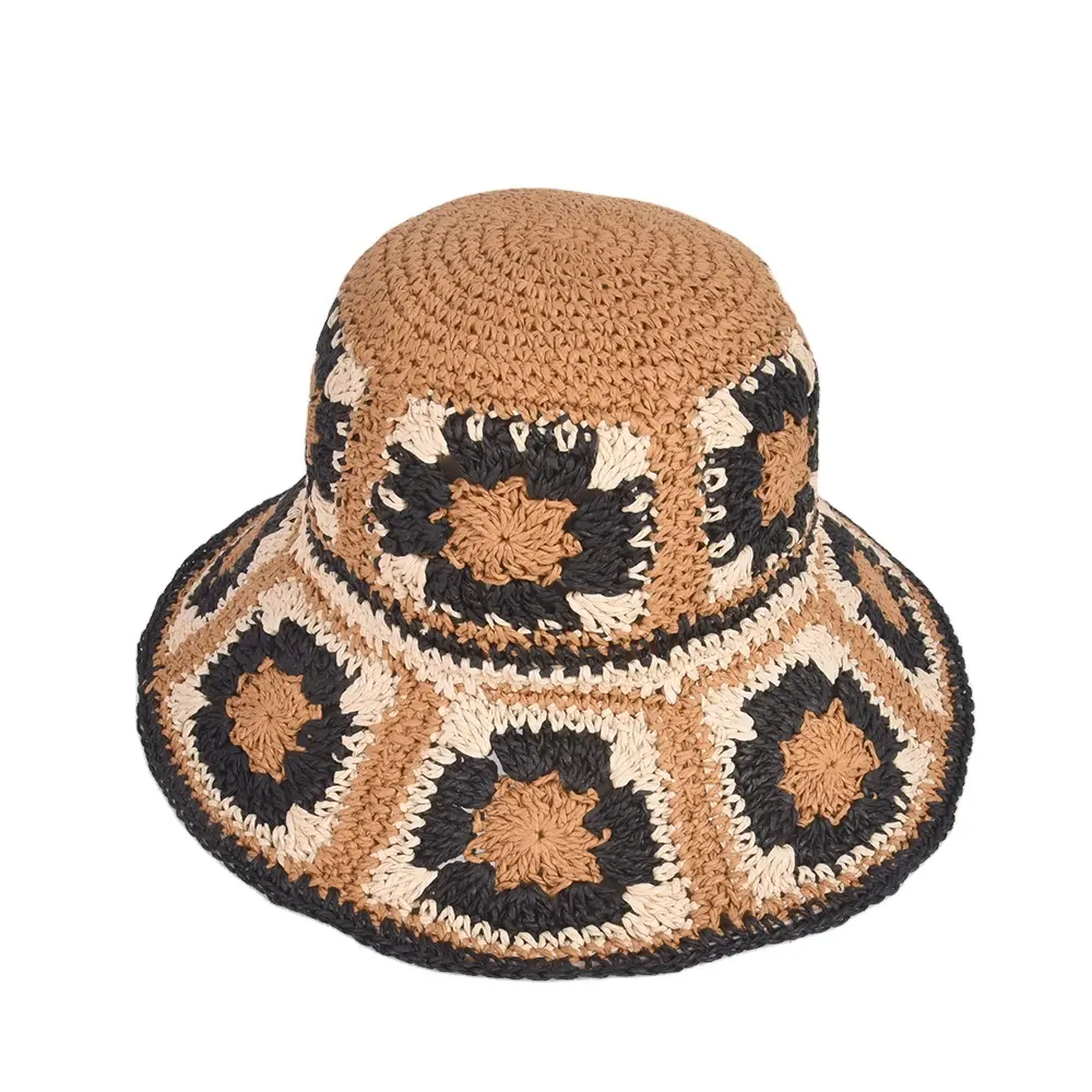 New Fashion Designer Herren Raffia Crochet Straw Bucket Hat Hochwertige Plain mit gesticktem Muster für das Strand fischen gefärbt