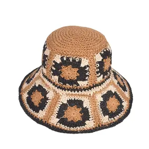 New Fashion Designer Men's Raffia Crochet Straw Bucket Hat High Quality Plain Dyed with Embroidered Pattern for Beach Fishing