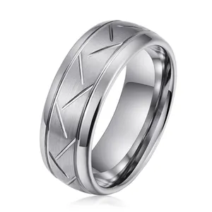 Yeni tasarım Eternity 8mm kubbeli yivli fırçalanmış gümüş Tungsten karbür halkası erkekler kadınlar için moda düğün Band konfor Fit