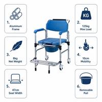 Chaise de toilette mobile en alliage d'aluminium en gros avec hauteur réglable et 4 roulettes pour la sécurité des personnes âgées et handicapées dans la salle de bain