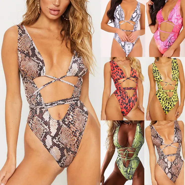 summer new design women's monokini swimwear one piece sexy snakeskin pattern printing lace up swimwear beachwear