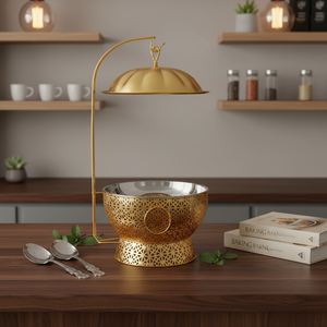 Plat de service de luxe 8 litres en acier inoxydable doré avec couvercle suspendu et base décorative ornée de filigranes - Product Image 3