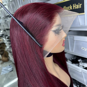 Pelucas de Cabello Humano Goodluck Double Drawn Raw Indian 99J Borgoña con Ondas Suaves, sin Pegamento, con Frente de Encaje Transparente HD - Product Image 3