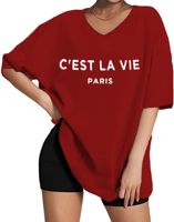 Camiseta de manga corta con cuello en V de gran tamaño para mujer, camiseta estampada Vintage de algodón de punto de alta calidad personalizada, ropa de mujer