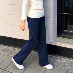 Breathable Knit Wide Leg Pants <b>with</b> Low <b>Waistband</b> & Flat Front Design-Comfortable Casual <b>Trousers</b> - Product Image 5