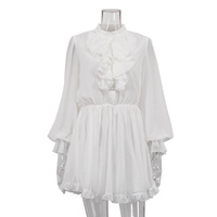 Robe courte élégante pour femme, col mandarin à volants français personnalisés, taille élastique, coupe trapèze