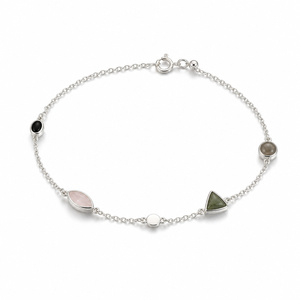Bracelet à breloques en argent sterling 925 avec pierres naturelles multicolores, serti clos, pierres triangulaires et marquises, chaîne, bijoux tendance pour femme, rhodié - Product Image 1