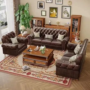 american style sofa retro three person pull-up sofa industrial wind oil wax leather top layer cowhide Italian living room