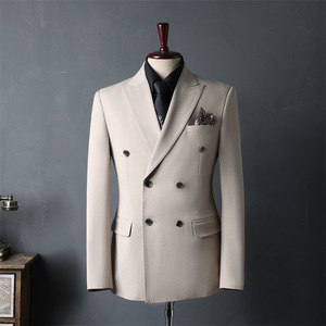 2025 automne nouveau décontracté Style coréen Double boutonnage hommes <span class=keywords><strong>costume</strong></span> ensemble <span class=keywords><strong>Beige</strong></span> Long <span class=keywords><strong>mariage</strong></span> <span class=keywords><strong>costume</strong></span> pour marié garçons d'honneur plat avant - Product Image 6