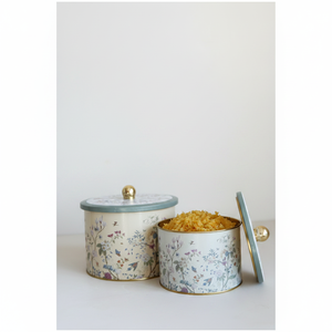 Round Metal Tin <b>Box</b> Set Dia 175x155 - Dia 140x125 Knob Handle (Set of 2) Floral Design Pastel Blue Botanica Design - Product Image 2