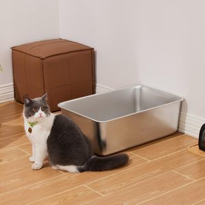 Caja de arena para gatos de acero inoxidable integrada, lista para usar, antisalpicaduras y antirrayaduras, con contenedor interior de plástico, tipo inodoro abierto - Product Image 6
