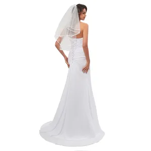 Simple A-line Pleat Chiffon Modest Wedding Dress Strapless Sleeveless Lace-up Bridal Gown with Crystals Sash