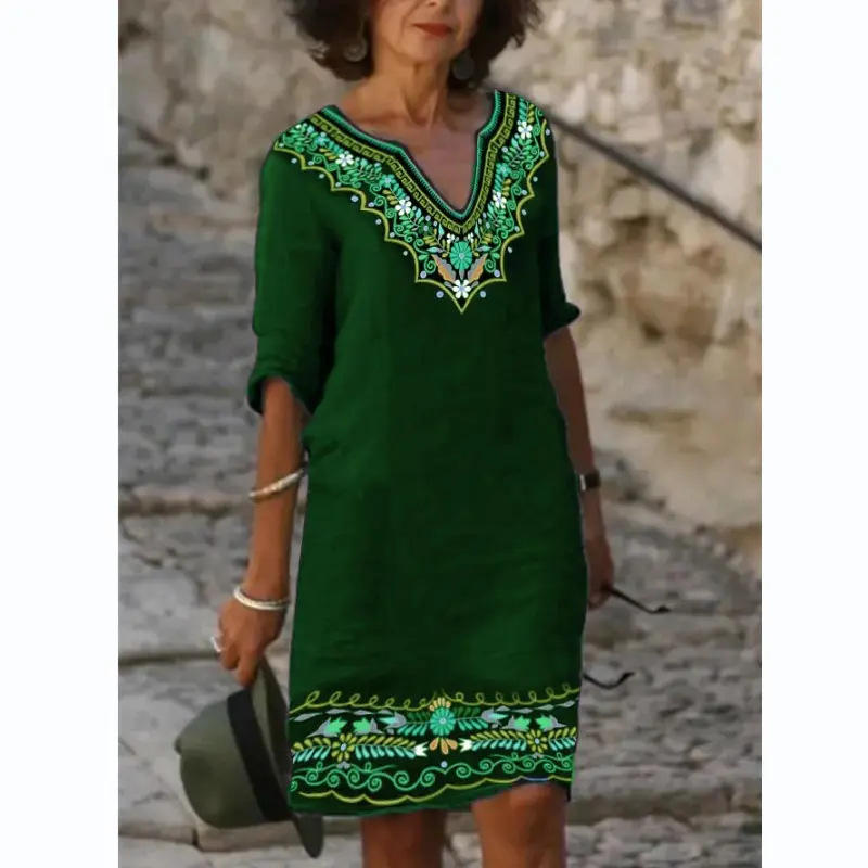Autumn 2022 new European and American women's casual national style V-neck vintage printed dress temperament commuting