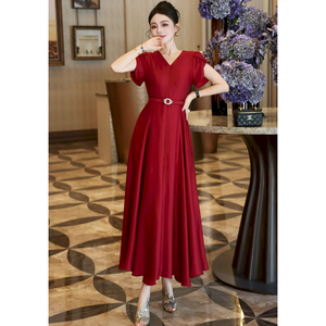 French Vintage Solid Elegant Fashion Big Swing Drapey <strong>Temperament</strong> Women's Waist Slimming Short Sleeve High-end Summer Long Skirt - Product Image 6