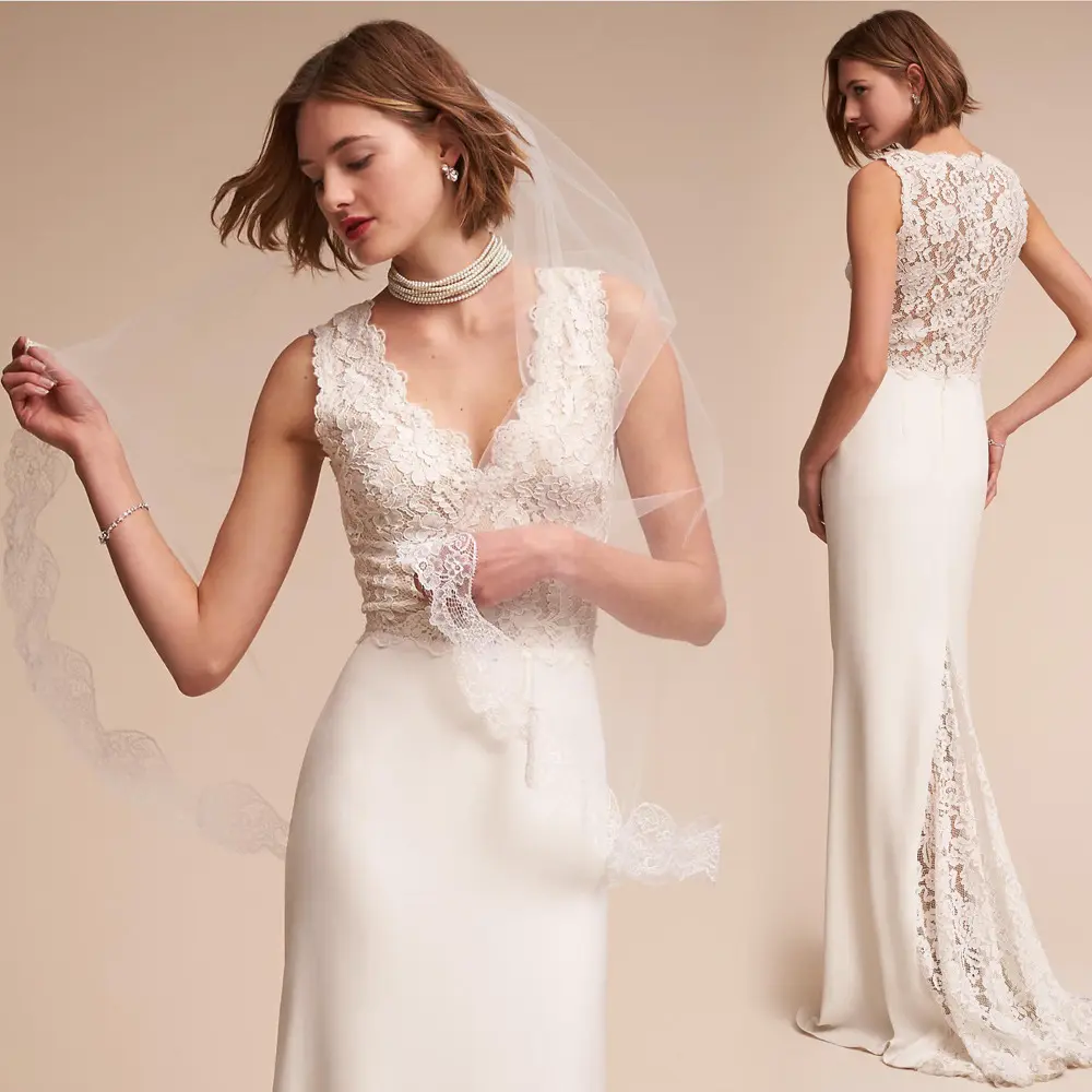 New Designs Sleeveless White Wedding Dress Sexy Splice Lace See Through Flowers Outdoor Beach Bride Dress Wedding Dresses Long