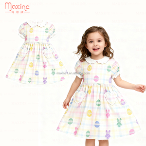 Abito personalizzato stampato <span class=keywords><strong>da</strong></span> ragazza pasqua con colletto Peter Pan stampa <span class=keywords><strong>coniglio</strong></span> abbigliamento per ragazze al ginocchio abiti per bambine - Product Image 2