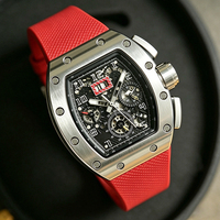 Jam Tangan Kronograf Flyback Pria dari Baja Tahan Karat dengan Tanggal Besar, Casing Tonneau, Tali Karet Merah, Jam Tangan Olahraga Otomatis Mewah.