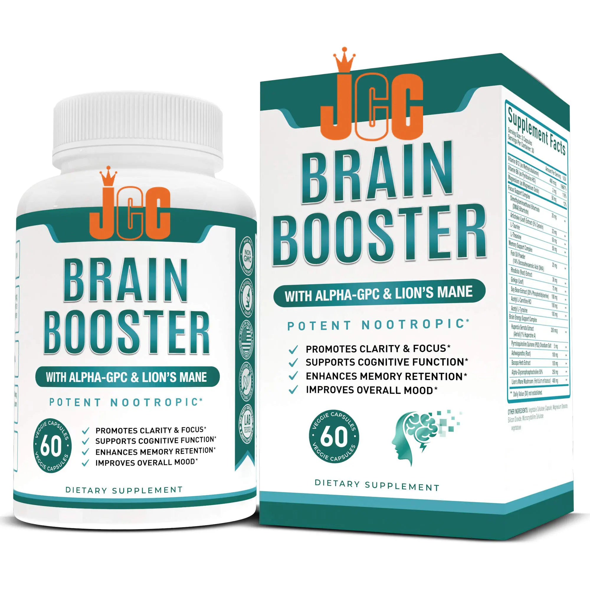 brain booster capsule nootropic with cognitive support improve memory with lions mane mushroom complex with ALPHA-GPC
