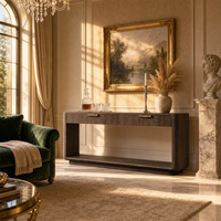 Console en bois massif unique avec 2 tiroirs à fermeture douce, faite à la main, pour l'aménagement intérieur de maisons et villas