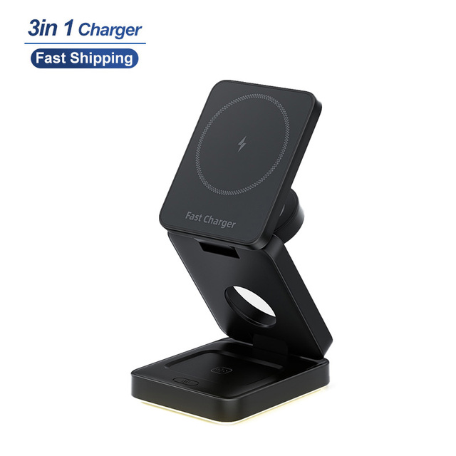 Flexible 15W 3 in 1 Magnetic Charger Supplier Fast Wireless Charger with LED Display for IPhone,watch,earbuds